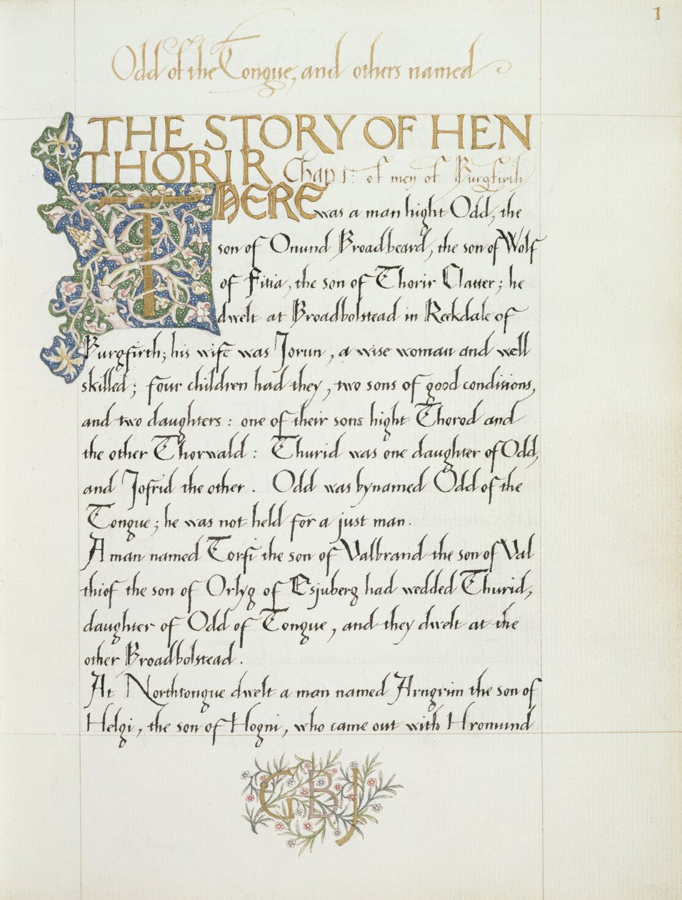 Ms 270* f.1r Het verhaal van Hen Thorir, ca. 1873-4 door William Morris