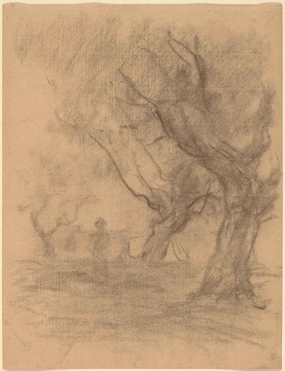 Vrouw Staand Onder Twee Bomen door William Morris Hunt