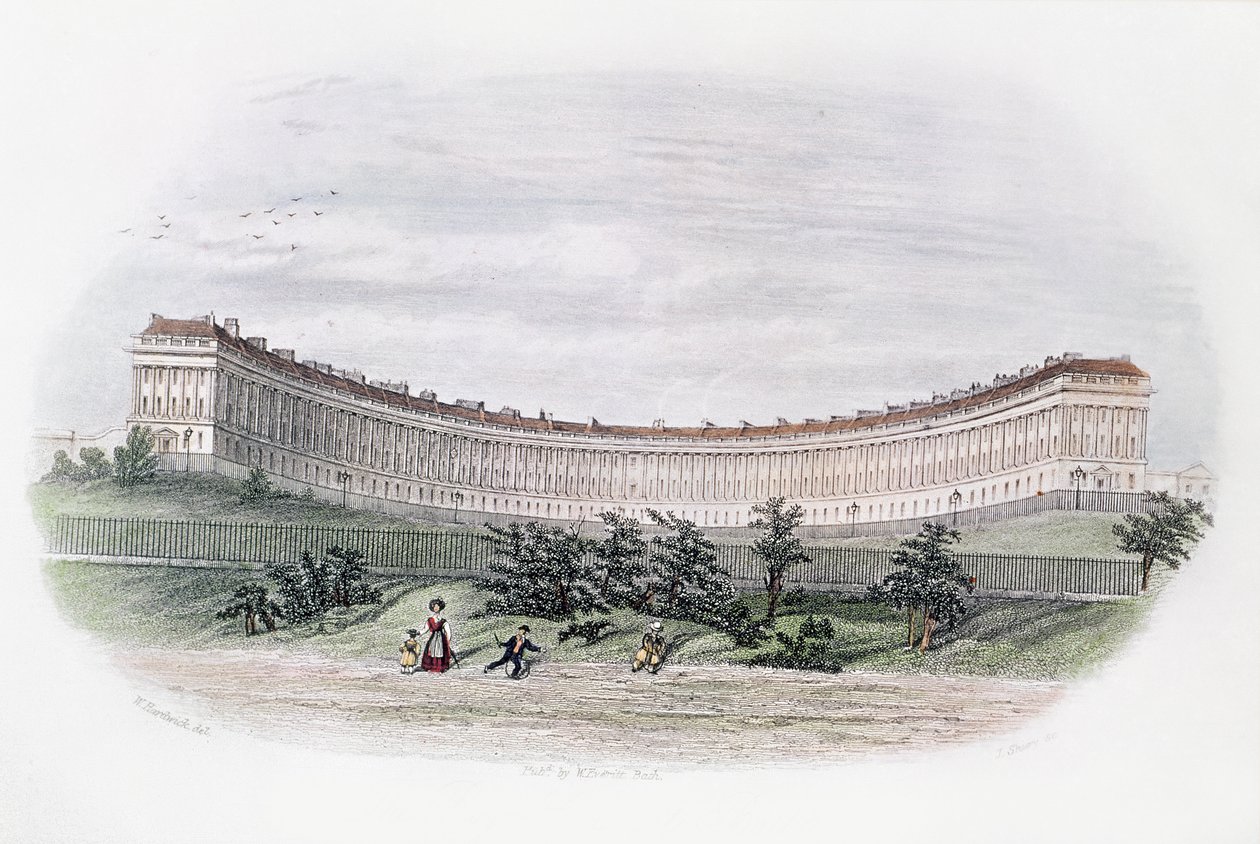 Royal Crescent, Bath, vanuit het park, gegraveerd door J. Shury, c.1840 door William N. Hardwick of Bath