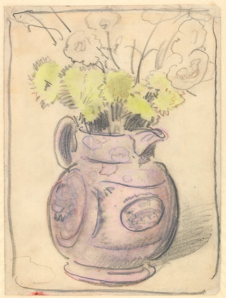 Vaas met bloemen: gele chrysanten in een glanzende kruik door William Nicholson