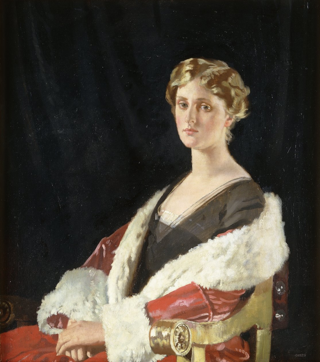 Portret van Nancy Oswald Smith, zittend, half lengte, in een Rode bontjas door William Orpen