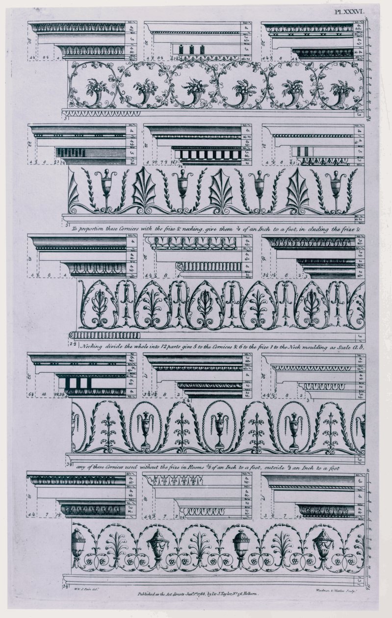 Ontwerpen voor Lijsten gepubliceerd in 1788 door William Pain (ca. 1730-ca. 1790). 1783 zwart-wit gravure door William Pain