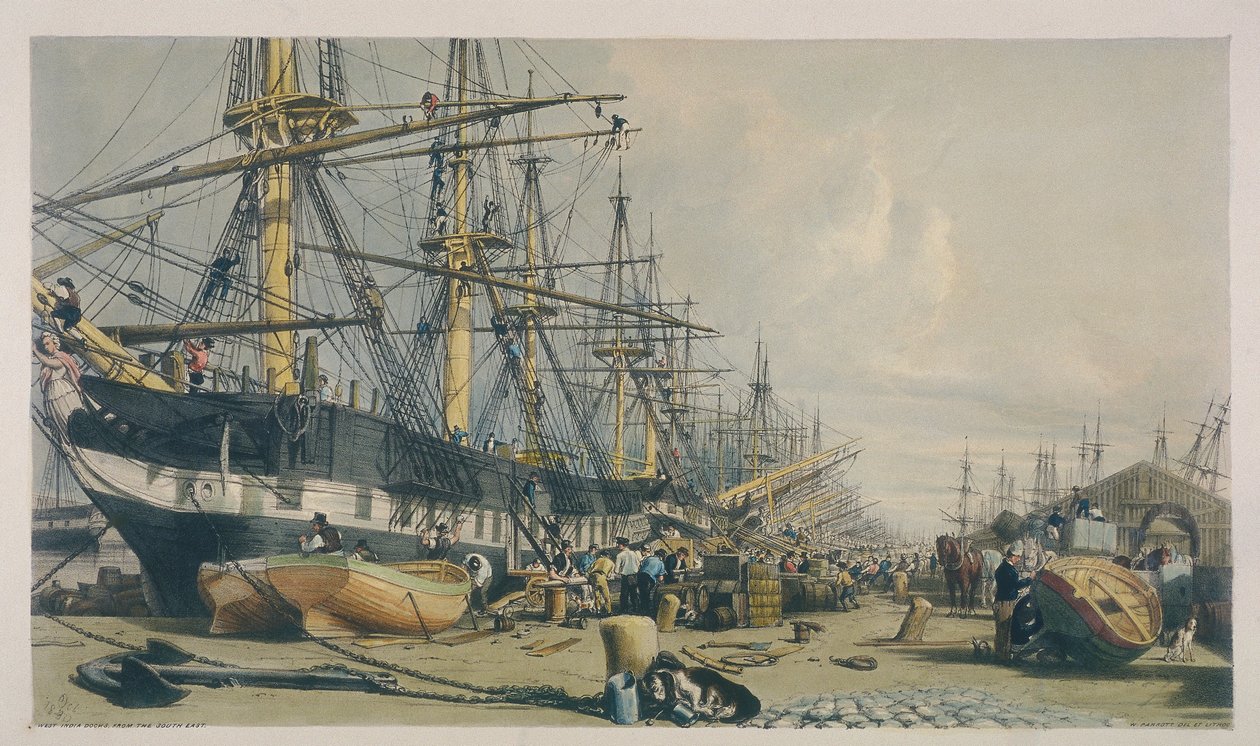 Uitzicht op West India Docks vanuit het zuidoosten door William Parrott