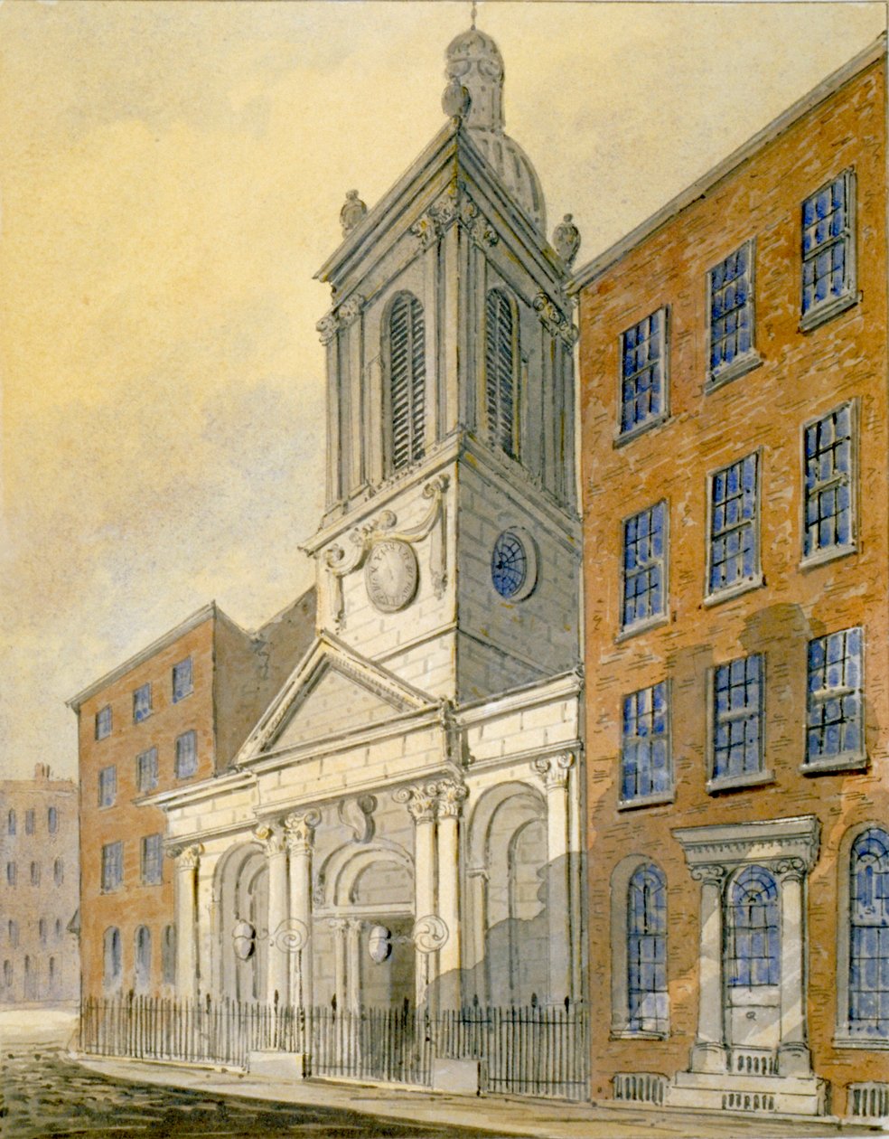 Noordoostelijk uitzicht op de kerk van St Peter-le-Poer en Old Broad Street, City of London door William Pearson