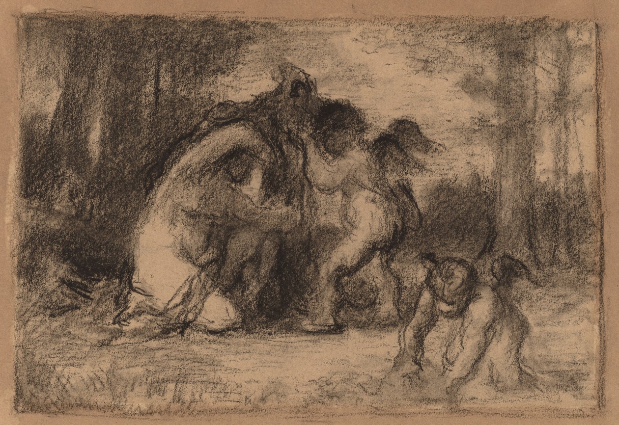 Boslandschap met putti die een vrouw helpen zich uit te kleden door William Perkins Babcock