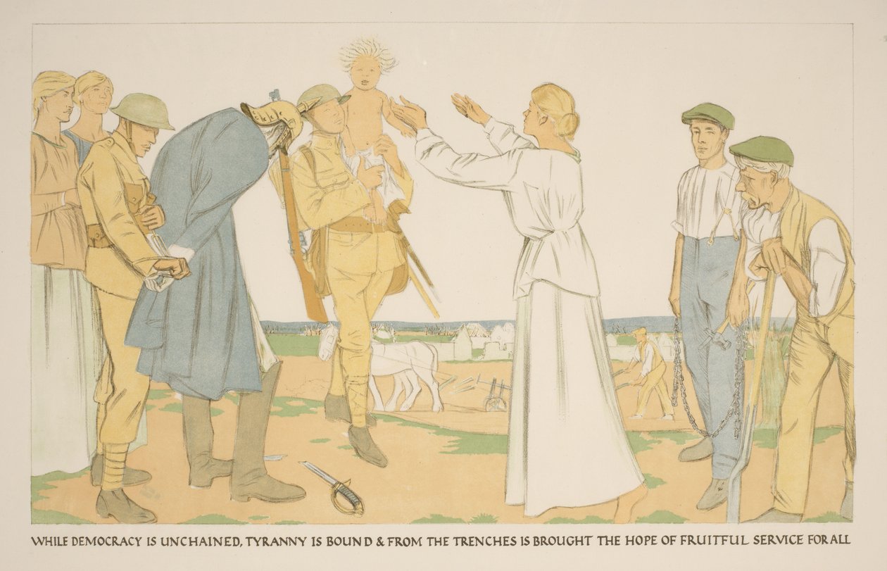 Boeren en soldaten op het land door William Rothenstein
