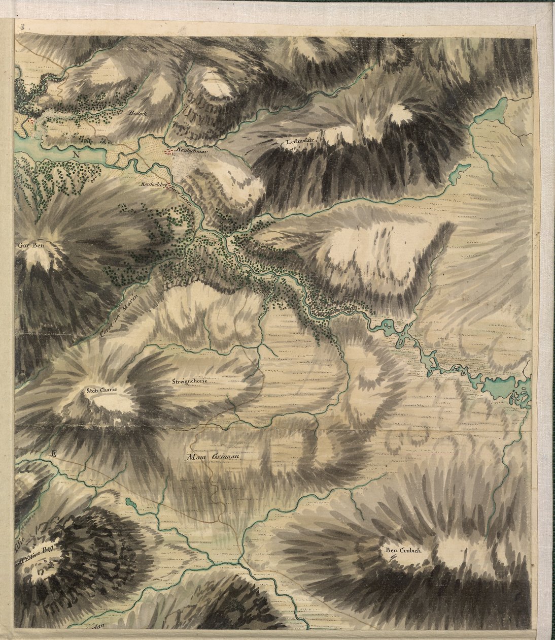 Pass of Glencoe, uit de Roy Military Survey of Scotland door William Roy