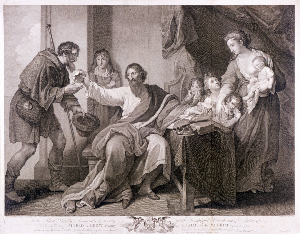 Alfred de Grote deelt zijn brood met de pelgrim door William Sharpe
