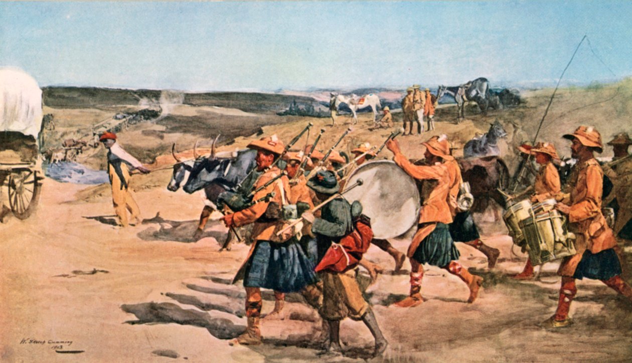 Over de Veldt. Trommels en doedelzakken van de 91e (Argyllshire) Highlanders (kleurenlitho) door William Skeoch Cumming