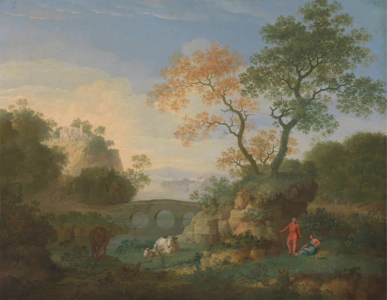 Een Landschap met Verre Klassieke Ruïnes, een Brug, Figuren en Vee door William Smith