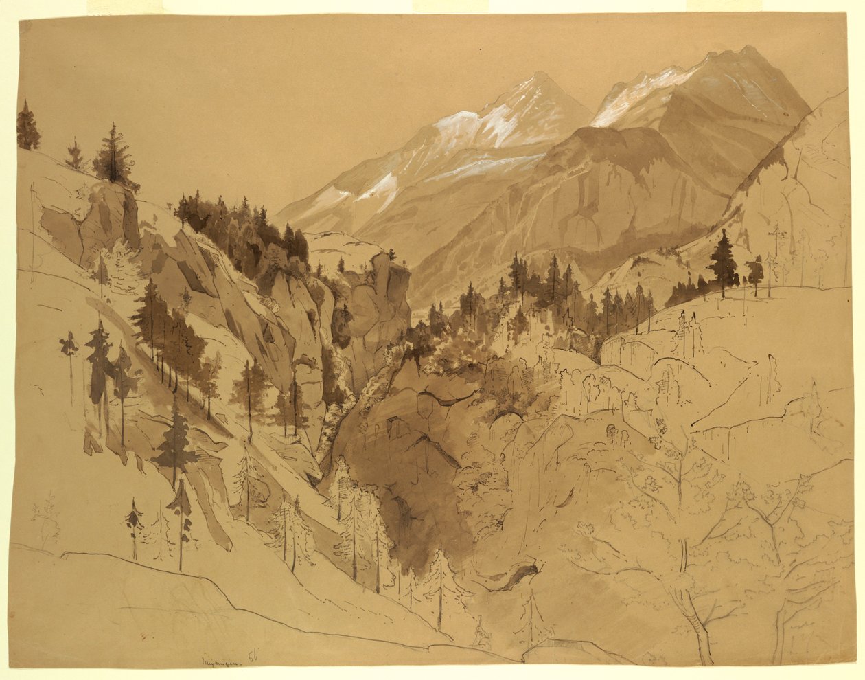 Tekening, Bergen bij Meiringen, Zwitserland, 1856 door William Stanley Haseltine