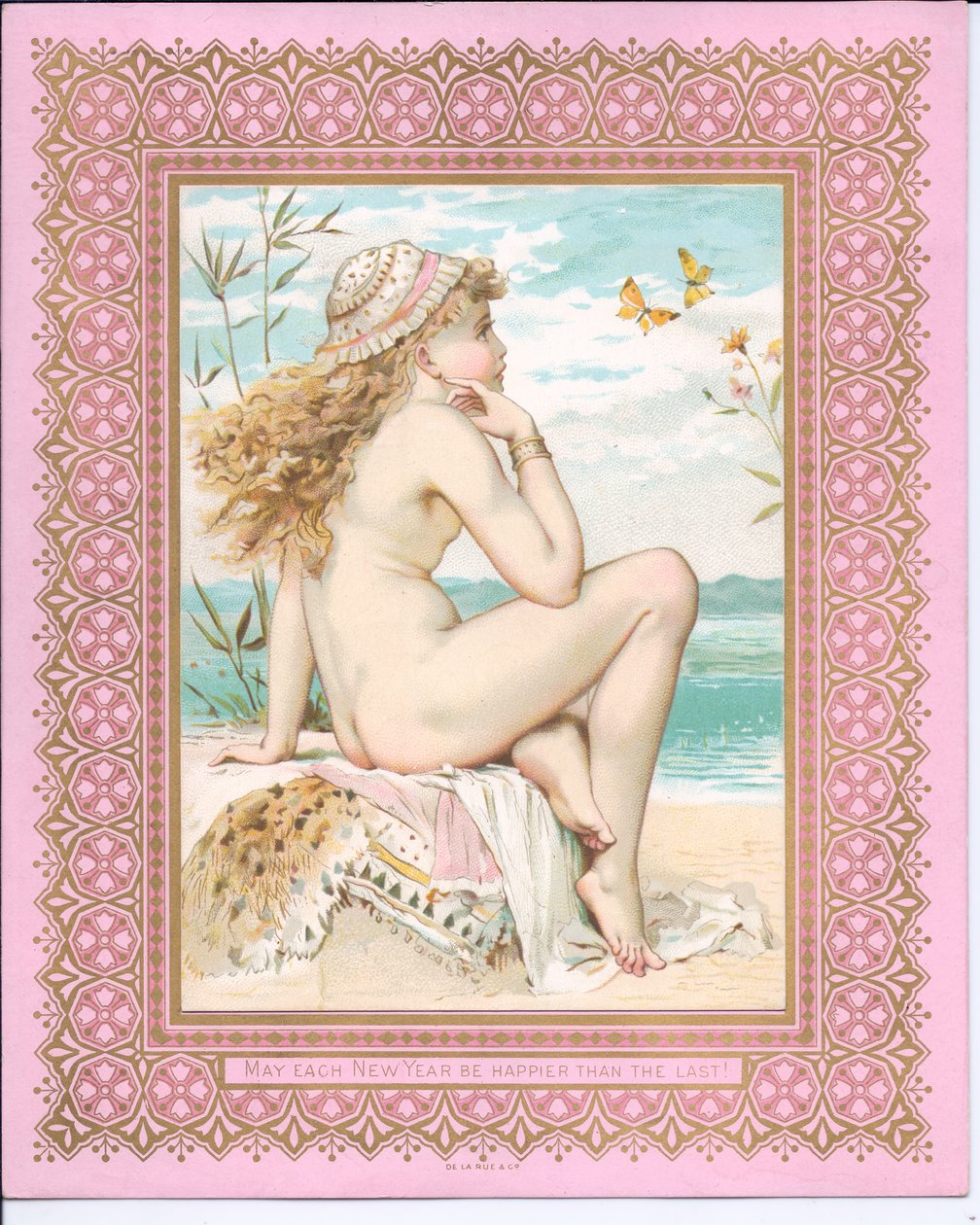 Victoriaanse nieuwjaarskaart van een badende schoonheid op een strand, ca. 1881 door William Stephen Coleman
