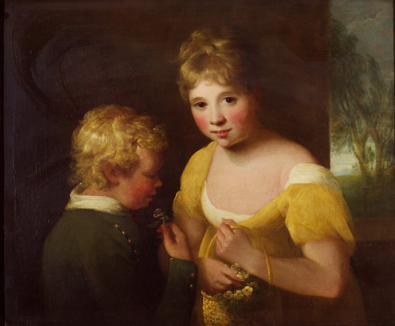 Twee kinderen met een mand bloemen door William Tate