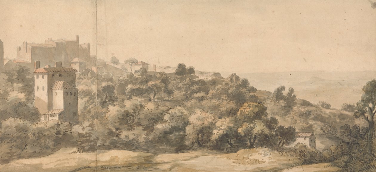 Een Italiaans Landschap: dorp op een heuvel links, heuvelhelling naar rechts, met een verre vallei daarachter door William Taverner
