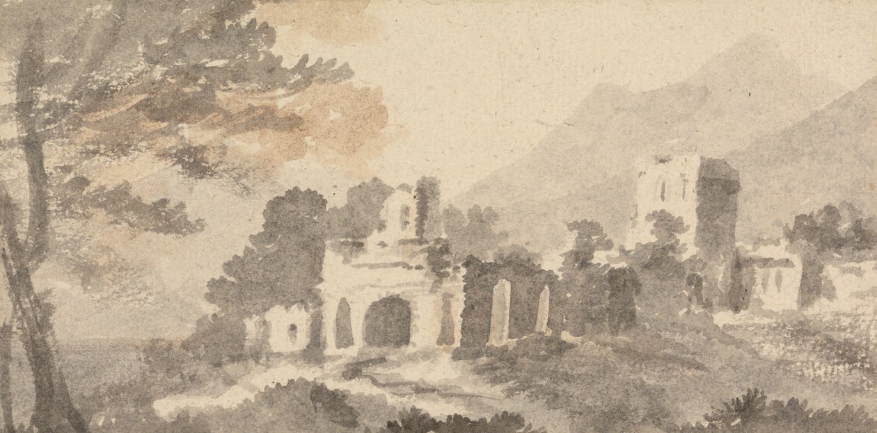 Italiaans landschap met vervallen kasteel door William Taverner