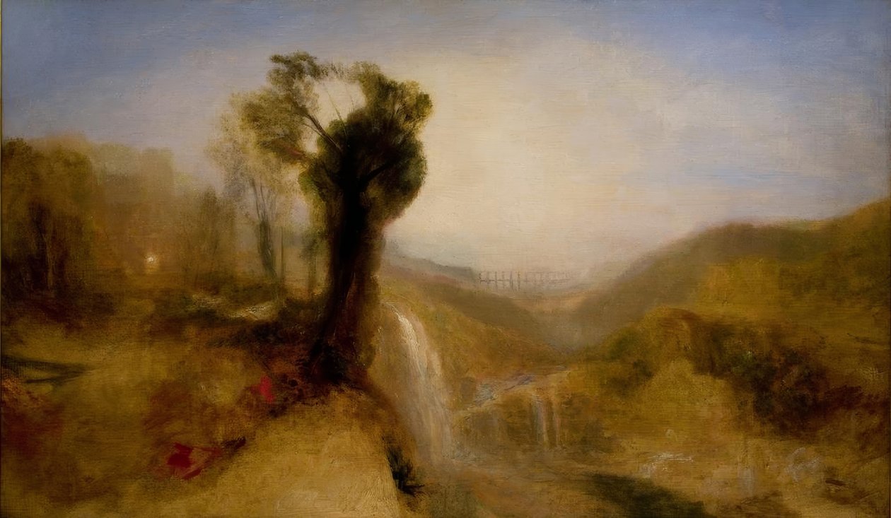 Zuidelijk landschap met een aquaduct en waterval door Joseph Mallord William Turner