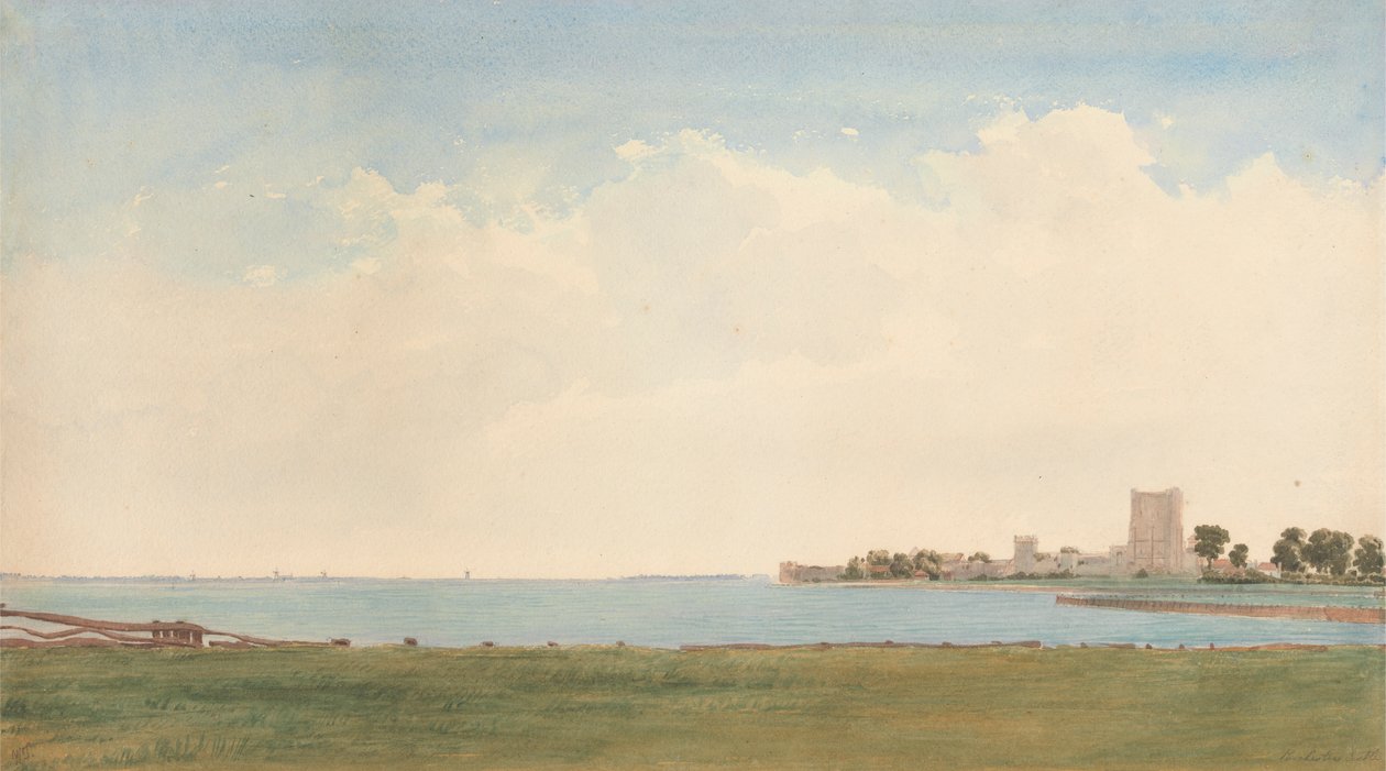 Porchester Castle: Een uitzicht vanuit Porchester Village over het water naar Portsmouth door William Turner of Oxford