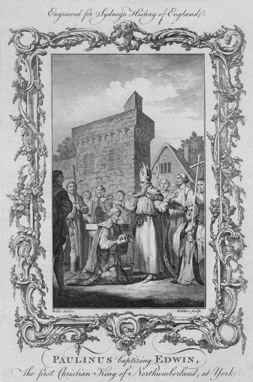 Paulinus doopt Edwin, de eerste christelijke koning van Northumberland, in York, 1773 door William Walker