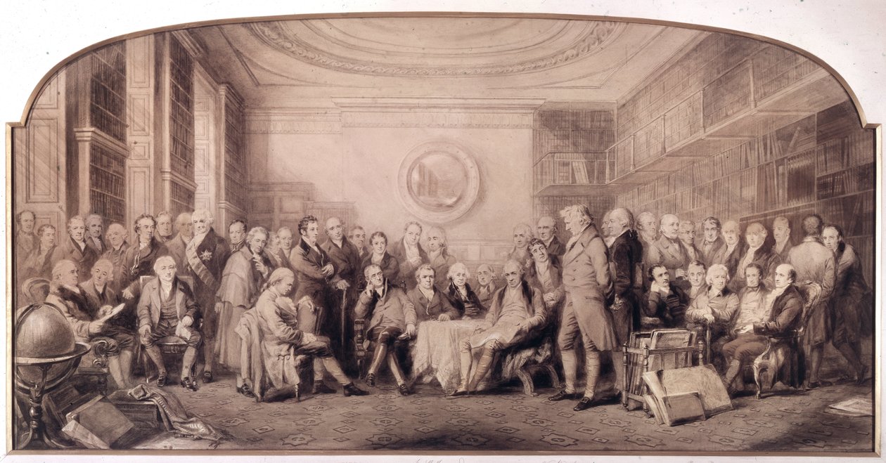 De eminente wetenschappers in 1807-1808. Bijeenkomst in de bibliotheek van het Koninklijk Instituut voor Wetenschappen, Engeland. Gravure door William Walker en Sir John Gilbert - Eminente Wetenschappers Levend in 1807 door William Walker