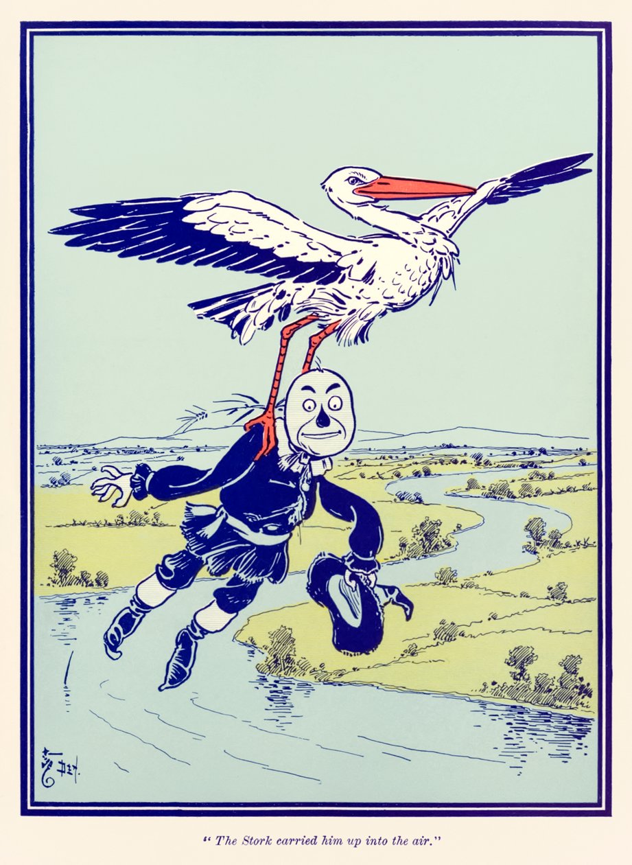 "De Ooievaar droeg hem de lucht in." uit "De Wonderbaarlijke Tovenaar van Oz" door L. Frank Baum door William Wallace Denslow