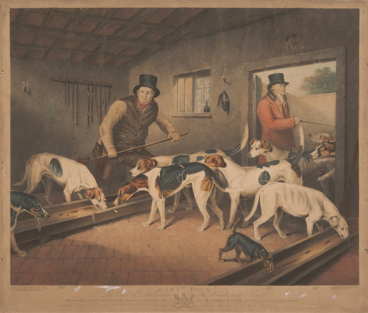 Vossenjacht: Raby-meute / De foxhounds van de graaf van Darlington in hun kennel door William Ward