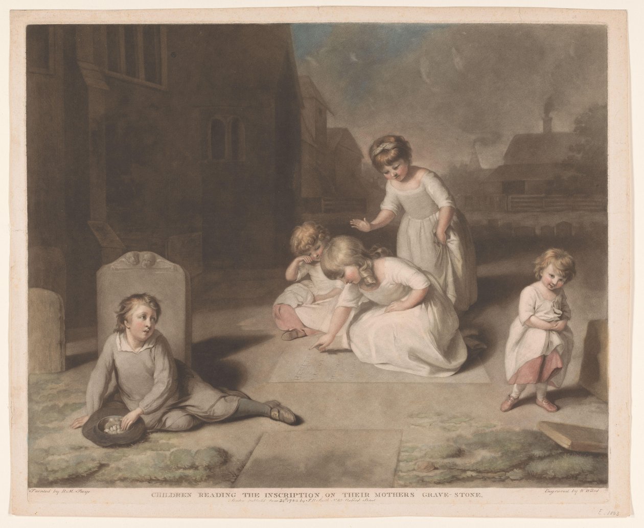 Kinderen lezen de inscriptie op de grafsteen van hun moeder door William Ward