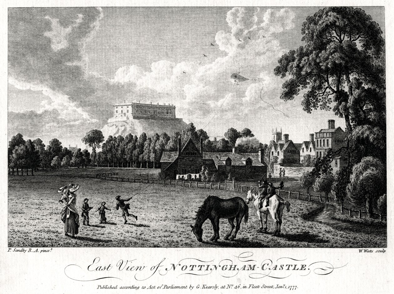 Oostelijk uitzicht op Nottingham Kasteel, Nottinghamshire, 1777 door William Watts