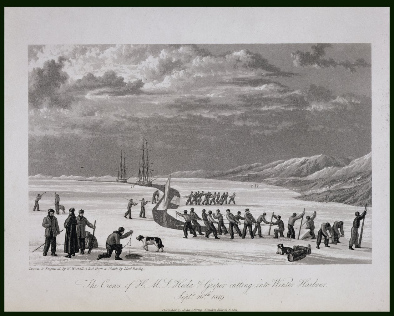 De bemanningen van H.M.S. Hecla en Griper snijden in Winter Harbour, 26 september 1819, uit 