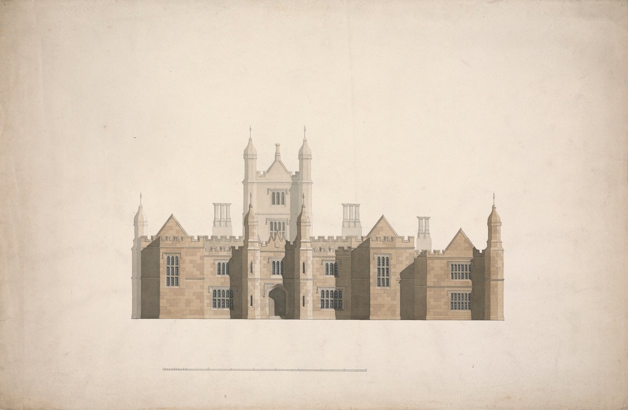 Elevatie van een voorgesteld ontwerp voor Cambridge Colleges door William Wilkins