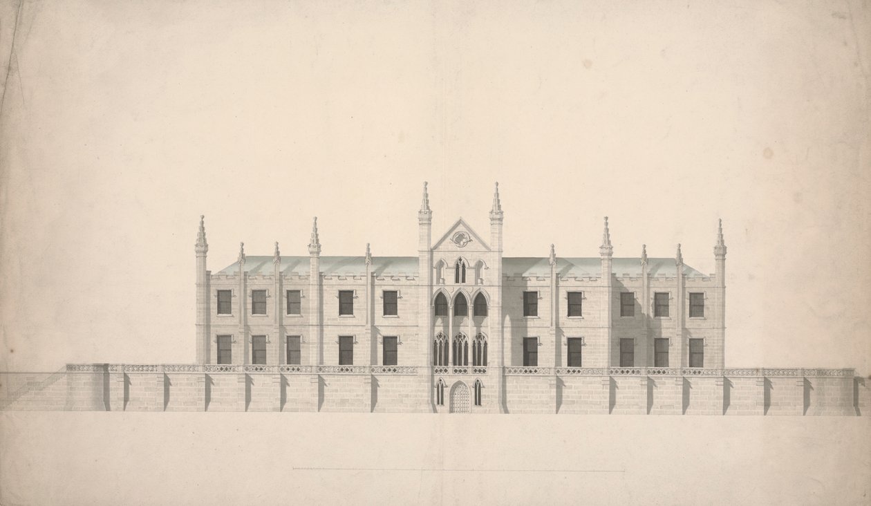 Elevatie van een voorgesteld ontwerp voor Cambridge Colleges door William Wilkins