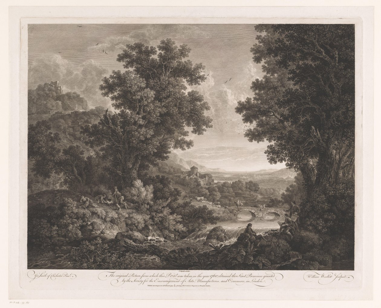 Landschap met figuren rondom een vuur en tekenaar en schalmeispeler aan de oever van een rivier door William Woollett