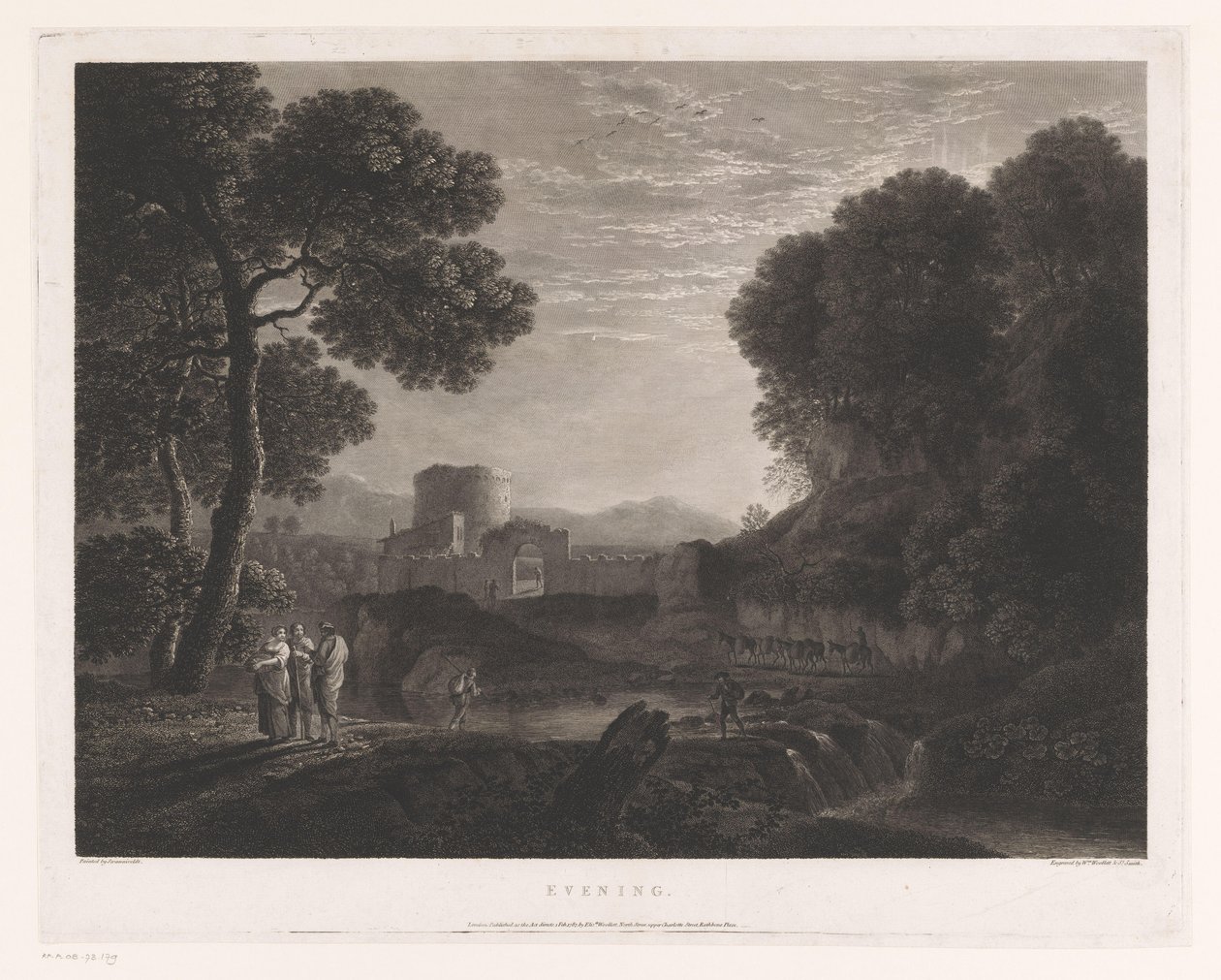 Landschap met poort en toren aan de oever van een rivier door William Woollett