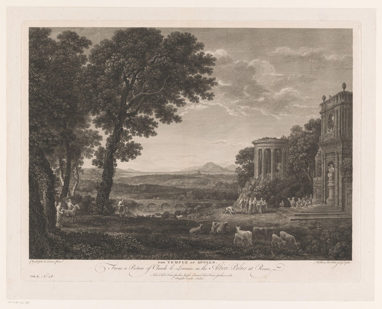 Landschap met vader van Psyche die offert voor de tempel van Apollo door William Woollett