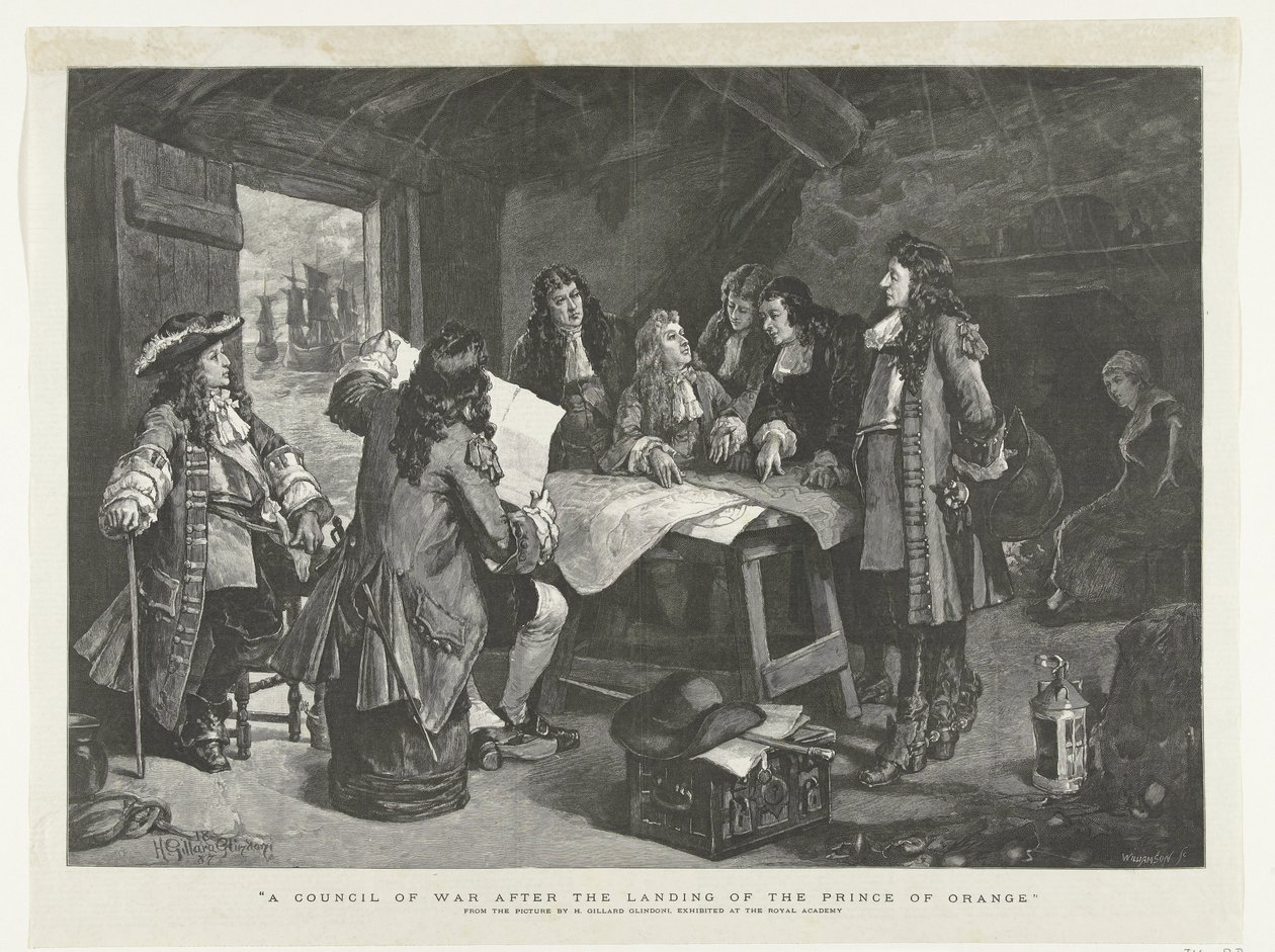 Willem III houdt krijgsberaad in een vissershut, 1688 door Williamson