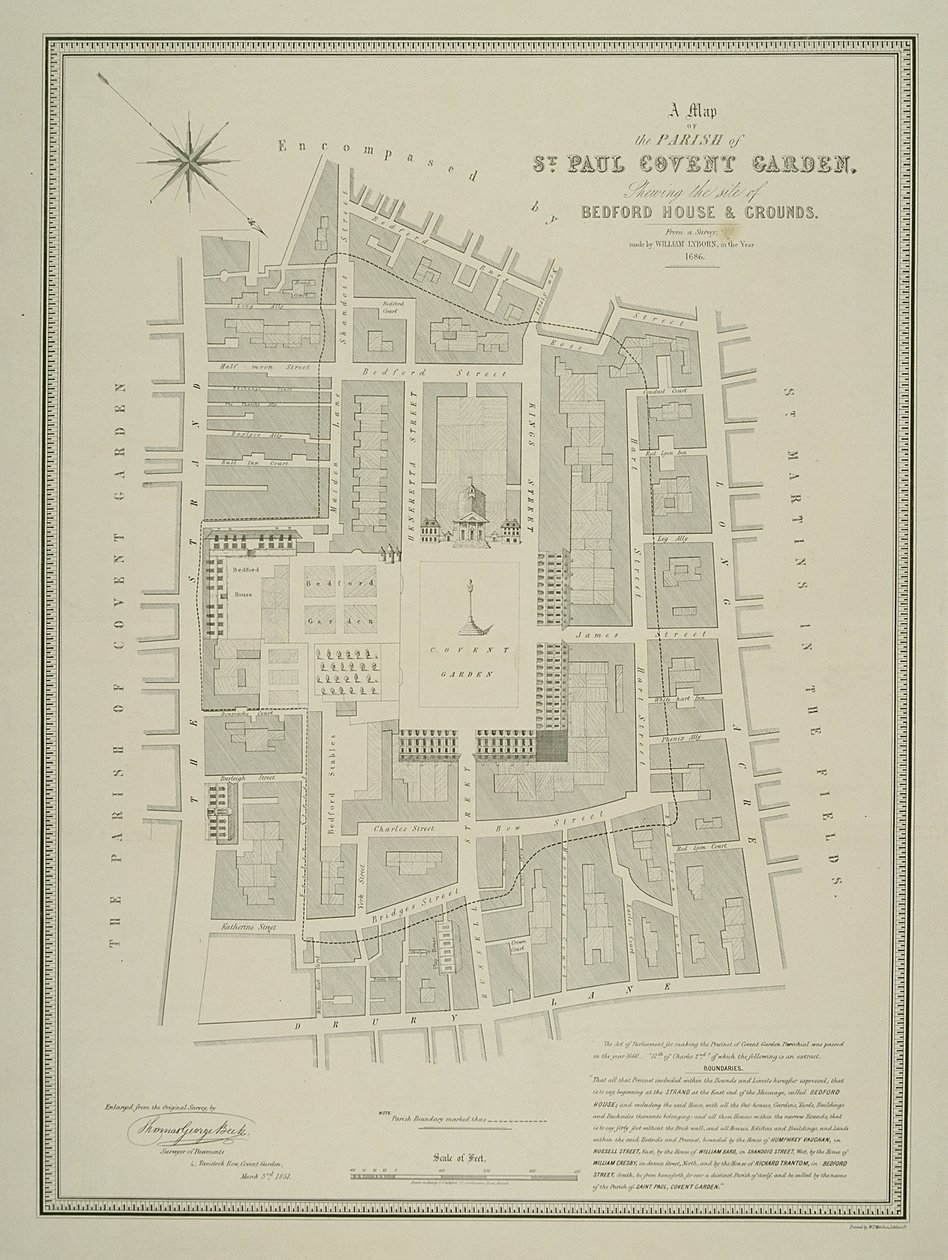 Kaart van de parochie van St. Paul, Covent Garden, met de locatie van Bedford House en gronden, gepubliceerd door W.P. Metchim, 1686 door Willian Leybourn