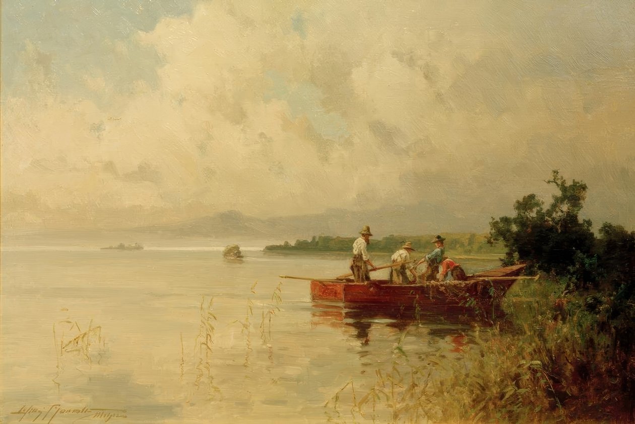 Vissers aan de zomerse Chiemsee-oever door Willy Moralt