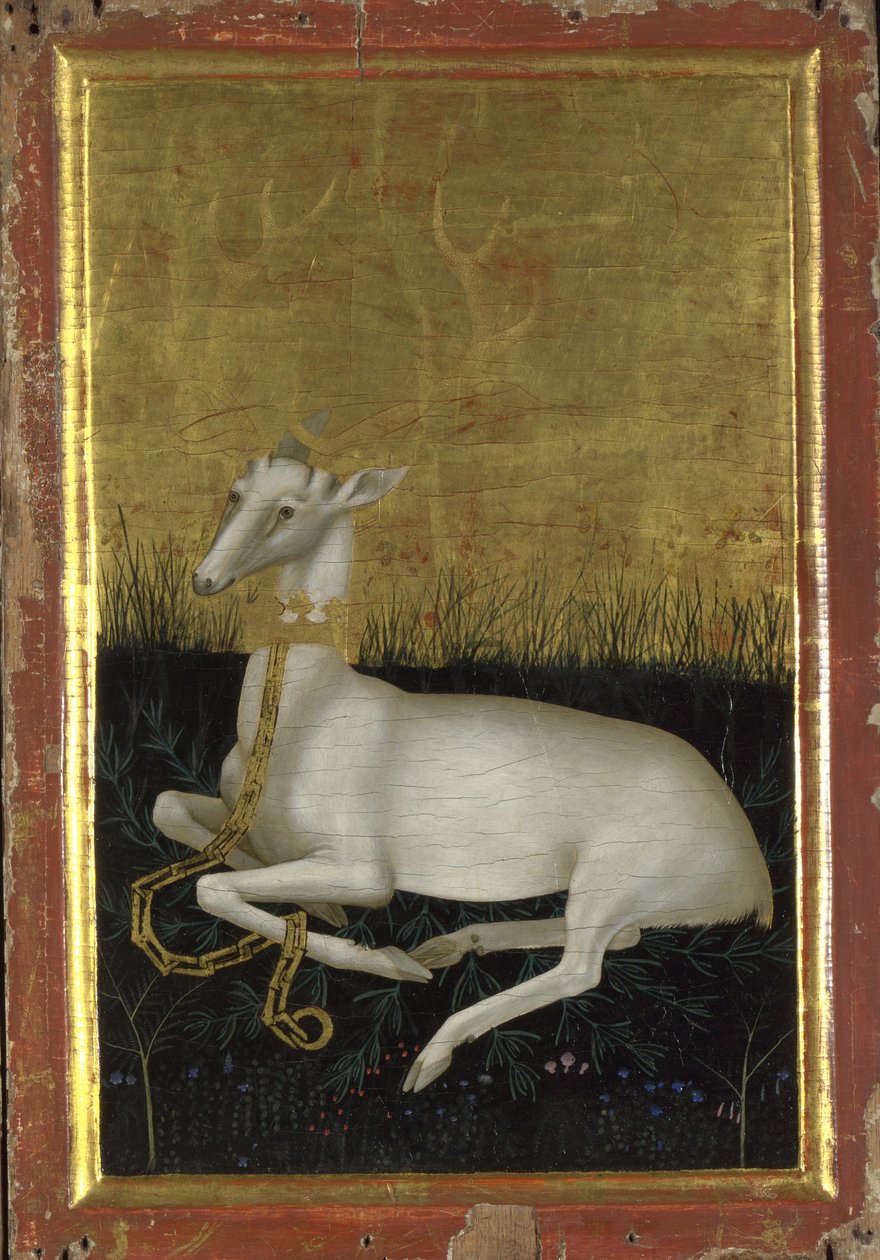 Een witte hert geketend met een kroon om zijn nek Het buitenpaneel van het Wilton-diptiek, tussen 1395 en 1399 door Wilton Master
