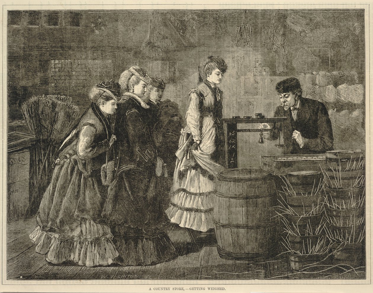 Een Landwinkel - Gewogen worden, uit Elke zaterdag: Een Keuzedagboek, 25 maart 1871 door Winslow Homer