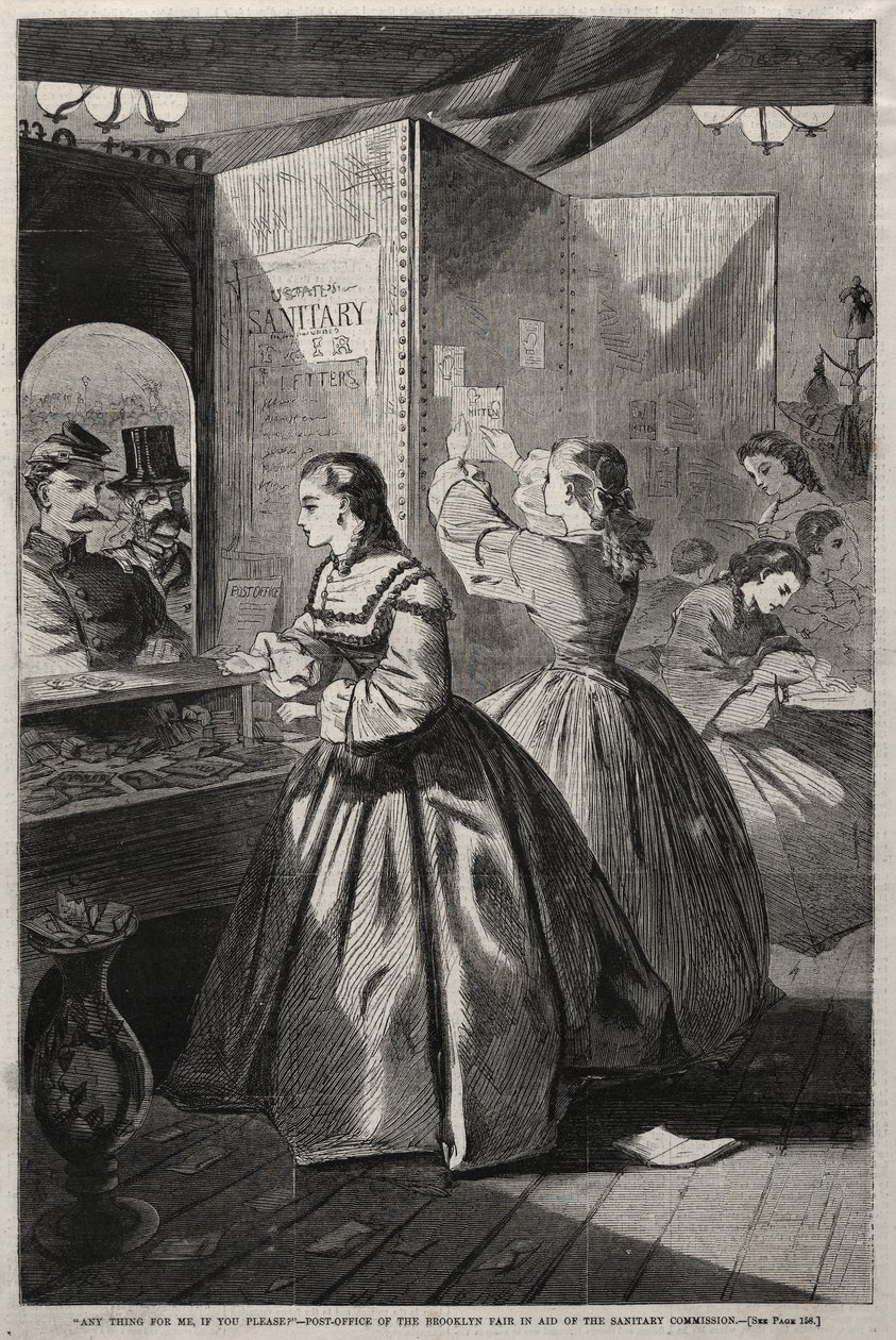 "Is er iets voor mij, alstublieft" – Postkantoor van de Brooklyn Fair ten bate van de Sanitary Commission door Winslow Homer
