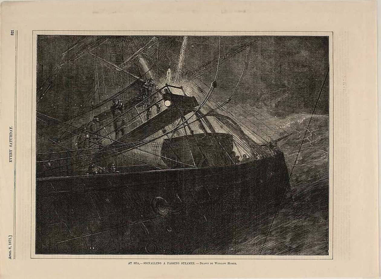 Op zee—Signalen naar een passerende stoomboot door Winslow Homer