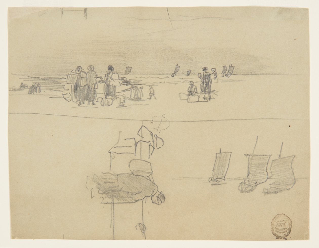 Strandscène met vrouwen die manden dragen, Cullercoats, Engeland door Winslow Homer