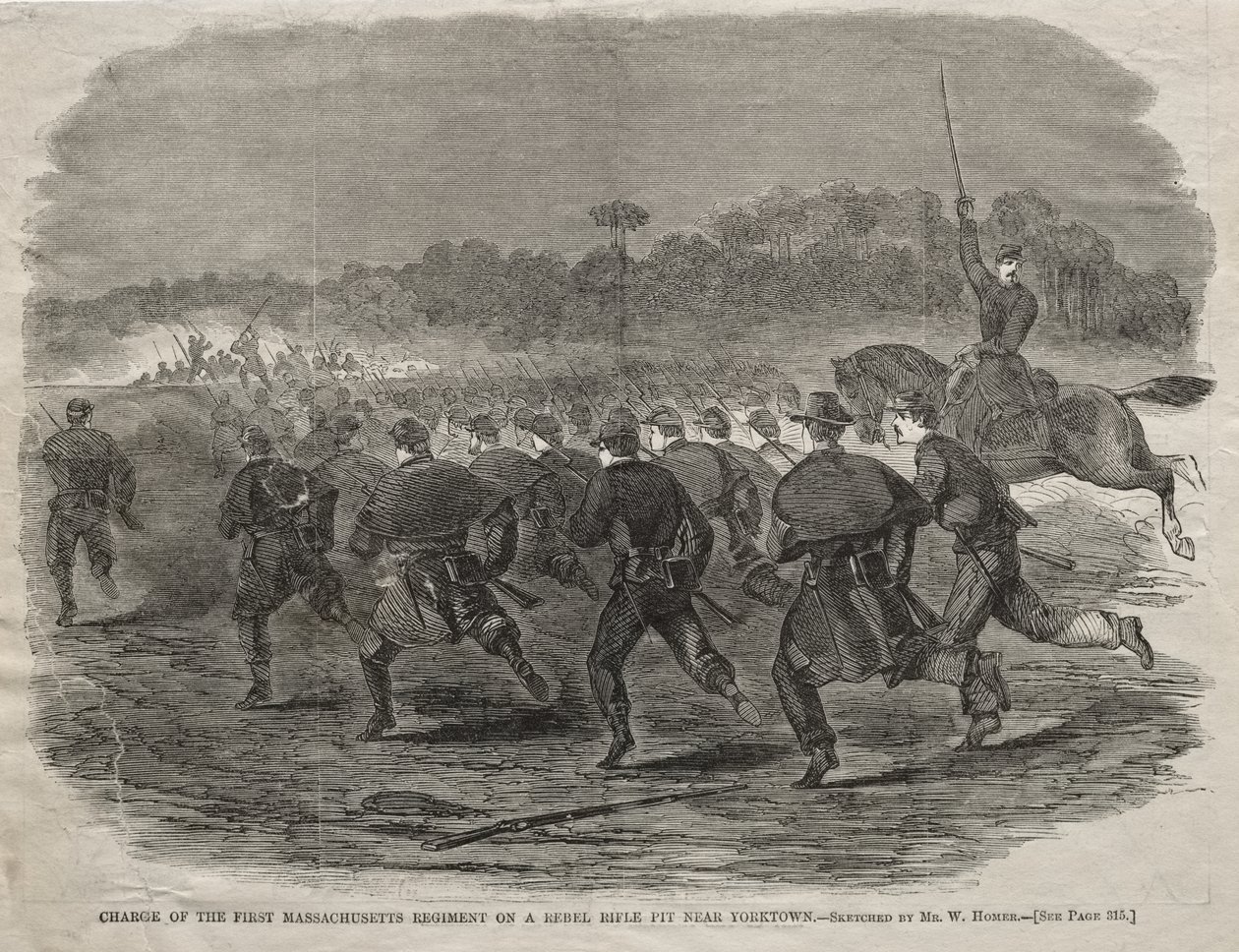 Aanval van het Eerste Massachusetts-regiment op een schuttersput van de rebellen bij Yorktown door Winslow Homer