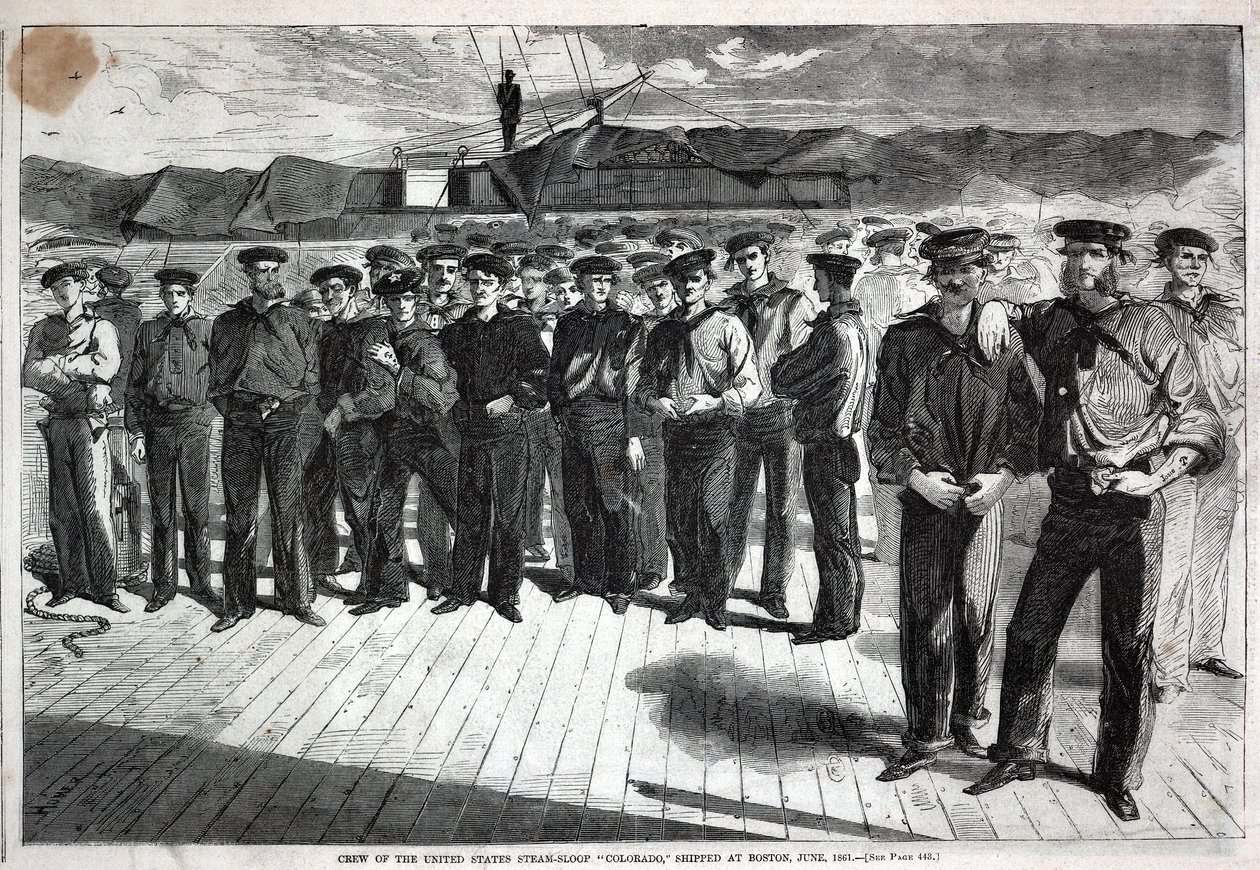 Bemanning van de United States Steam-Sloep "Colorado" verscheept in Boston, uit Harper
