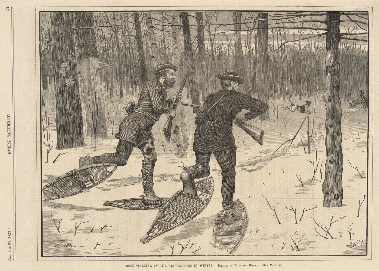 Hertenjacht in de Adirondacks in de Winter, uit Every Saturday, 21 januari 1871 door Winslow Homer