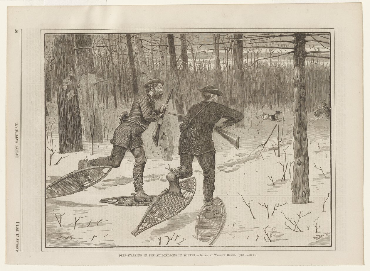 Hertenjacht in de Adirondacks in de winter door Winslow Homer