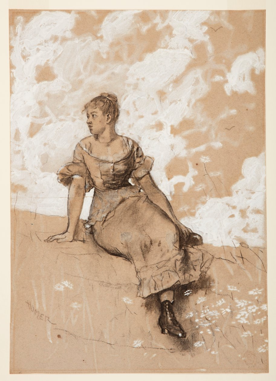 Tekening, Een zittend meisje; studie voor "De tuinmuur", 1878 door Winslow Homer