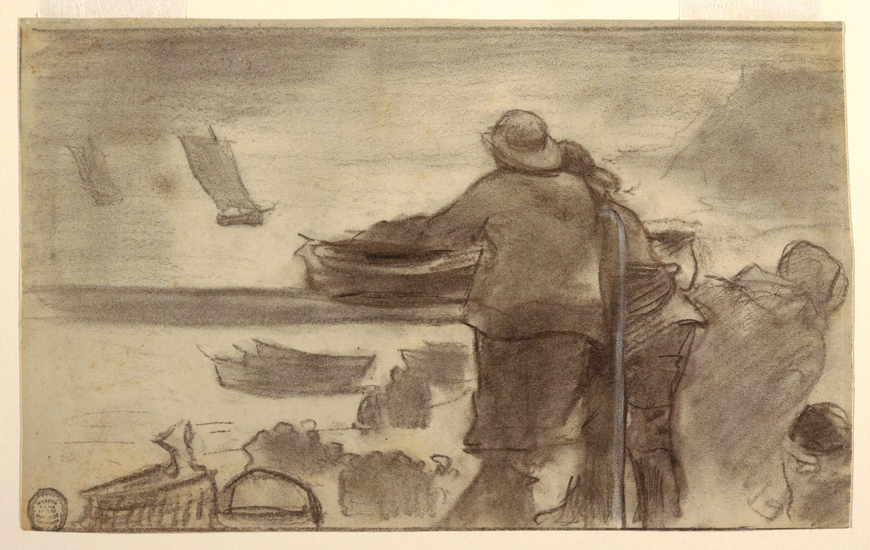Tekening, Strand met boten en mensen, Cullercoats, Engeland, 1881-82 door Winslow Homer