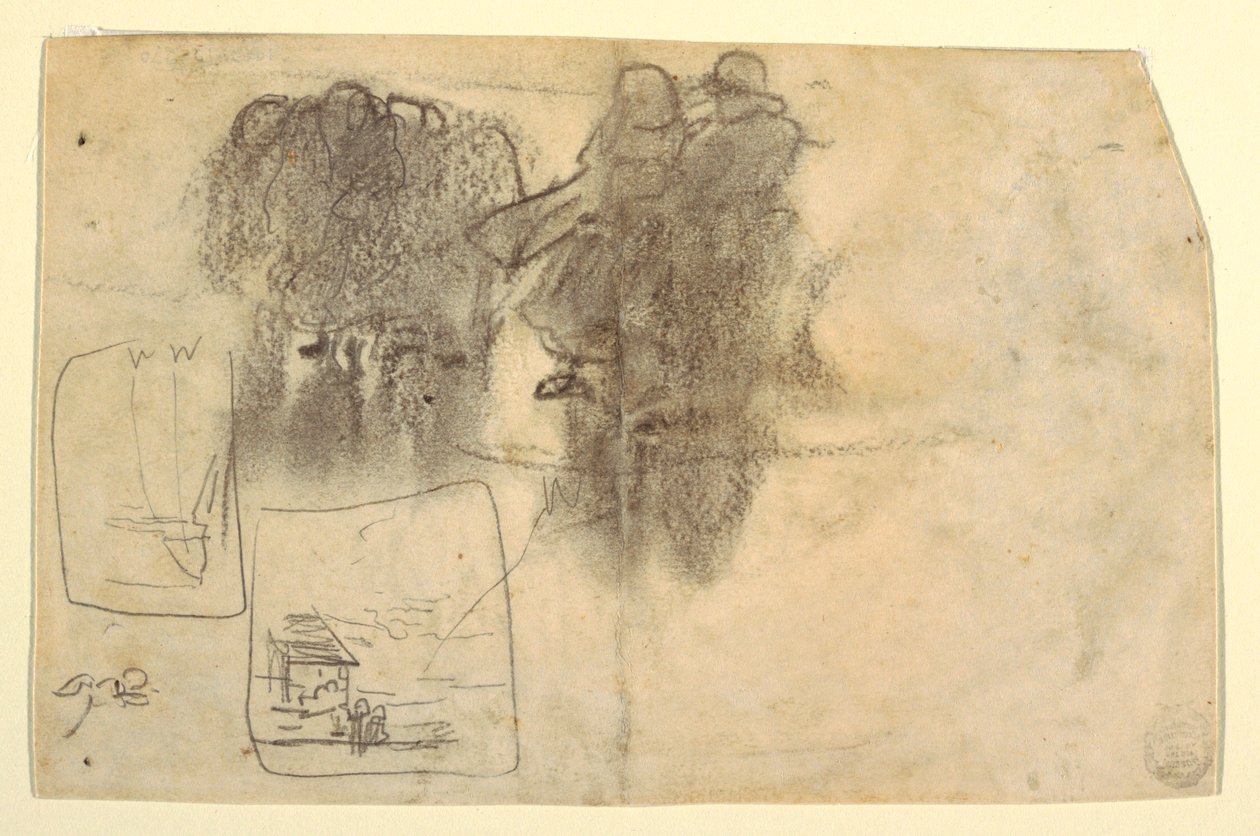 Tekening, Figuren in Lee van gebouw met oceaan erachter, Cullercoats, Engeland, 1881 door Winslow Homer