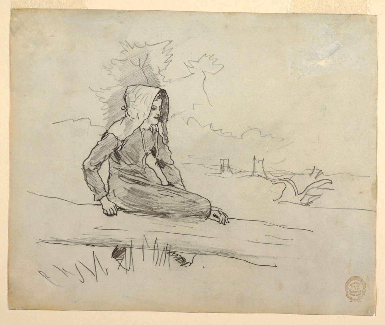 Tekening, Meisje zittend op een boomstam, 1879 door Winslow Homer