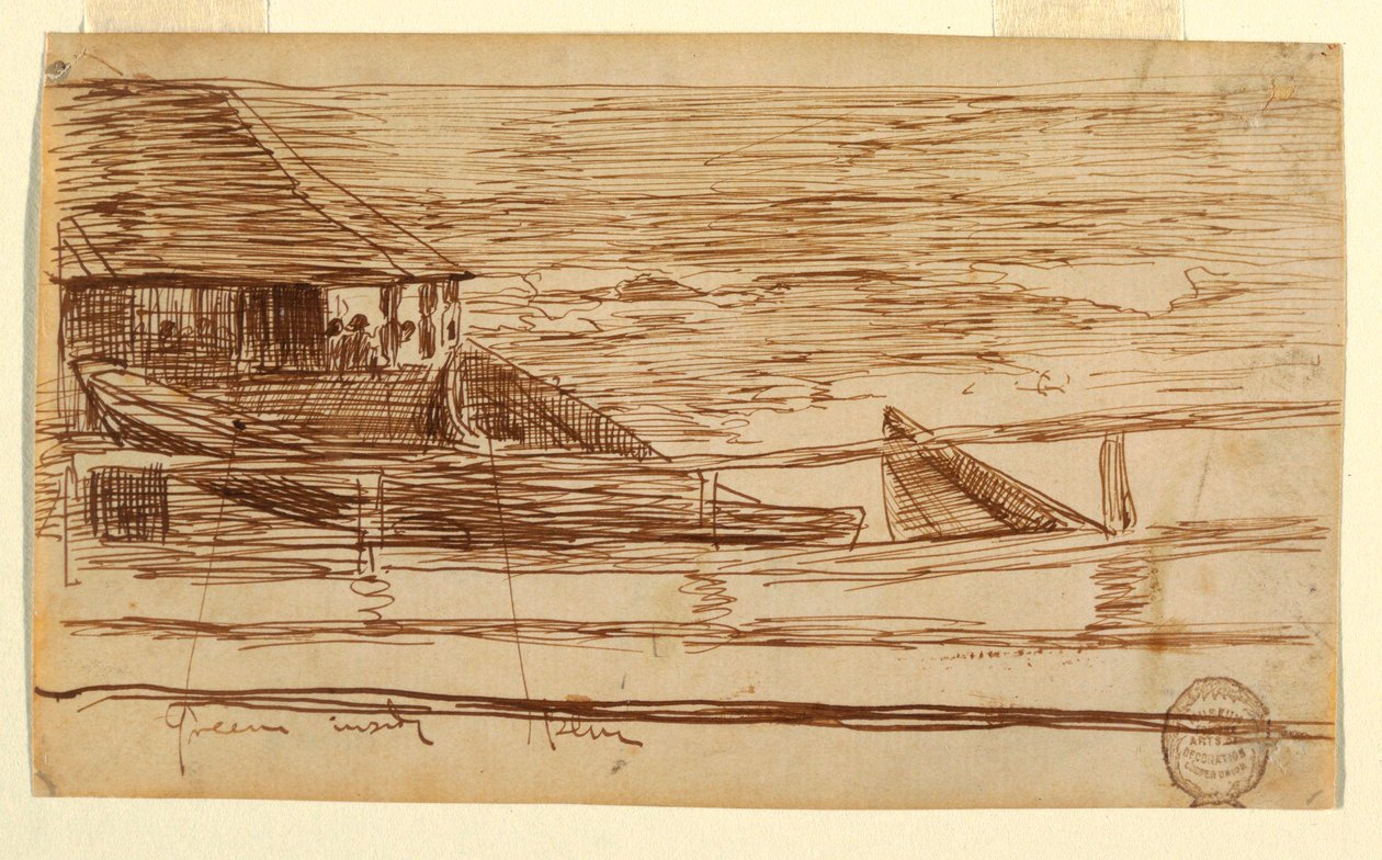 Tekening, Huis aan een reling met gestrande dories, Cullercoats, Engeland, 1881 door Winslow Homer
